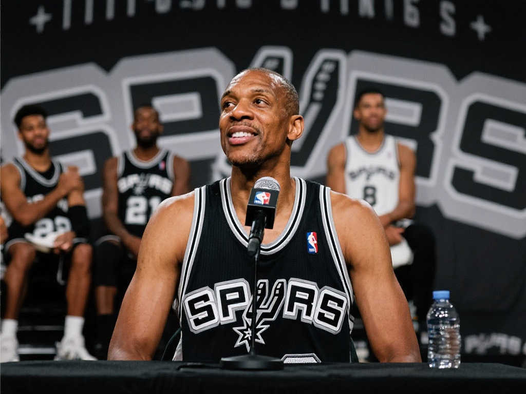 格雷格·波波维奇与马刺队众人在温比球场共同见证米奇·约翰逊新闻发布会